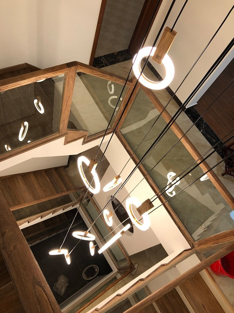 Halo Chandelier - Modern LED Pendant Light for Stairs & Home | Warm Light, Willow Wood Design