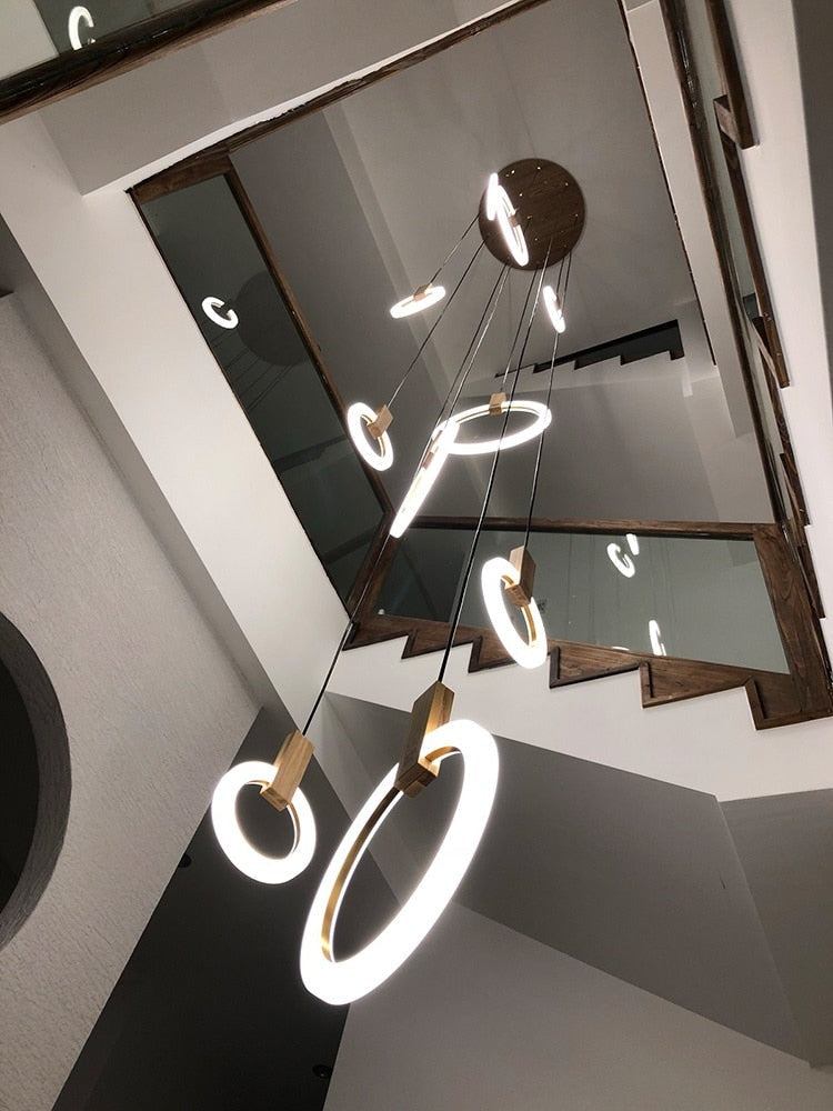 Halo Chandelier - Modern LED Pendant Light for Stairs & Home | Warm Light, Willow Wood Design