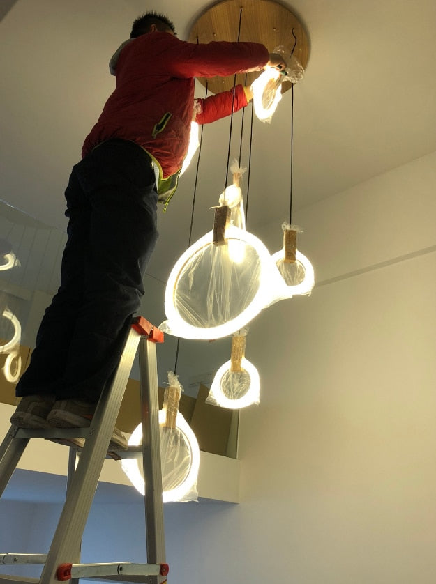 Halo Chandelier - Modern LED Pendant Light for Stairs & Home | Warm Light, Willow Wood Design