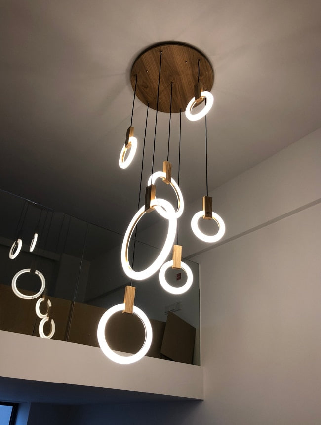 Halo Chandelier - Modern LED Pendant Light for Stairs & Home | Warm Light, Willow Wood Design