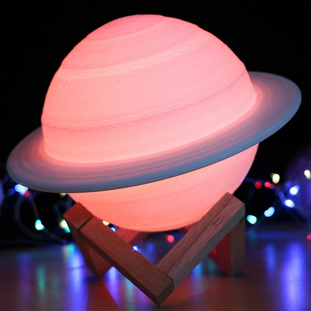 Colour Changing Saturn Lamp with Wooden Stand and Remote