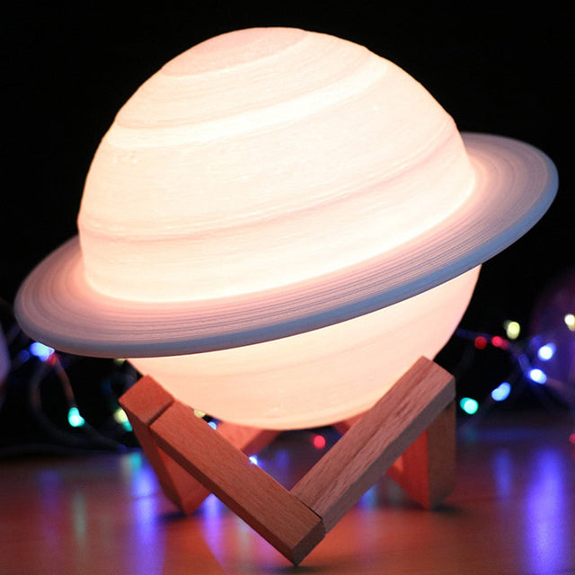 Colour Changing Saturn Lamp with Wooden Stand and Remote