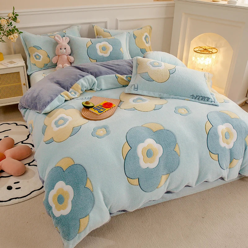 Thick Fleece Warm Flannel Winter Duvet Cover Set
