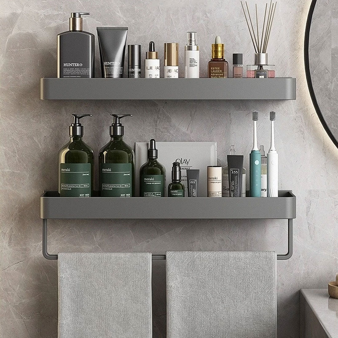Contemporary Sleek Gray Bathroom Shelves with Towel Holder