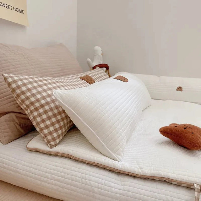 Soft Embroidered Teddy Bear Pillow - Round Cotton Cushion