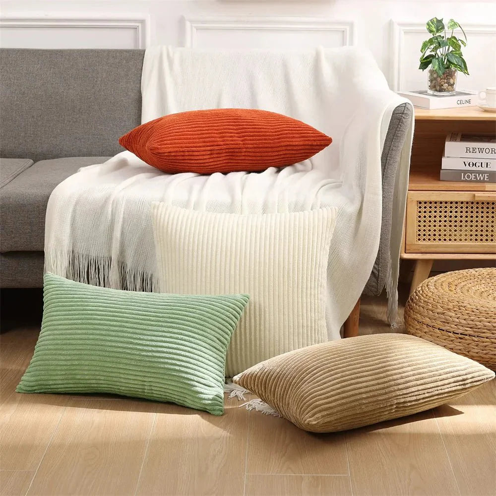 Soft Fluffy Corduroy Cushion Cover in Striped Twill Design