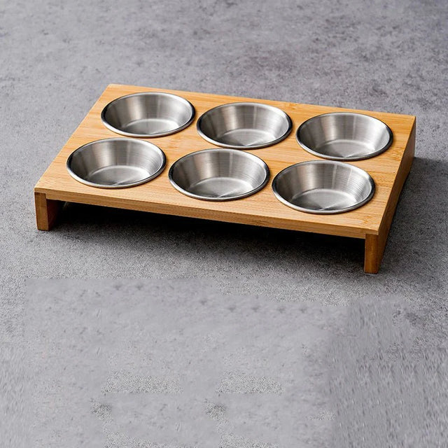Stainless Steel Dip Bowls On Bamboo Serving Tray Set