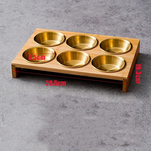 Stainless Steel Dip Bowls On Bamboo Serving Tray Set