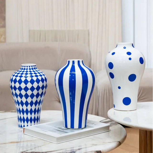 Vibrant Blue Geometric Ceramic Vase Modern Home Decor