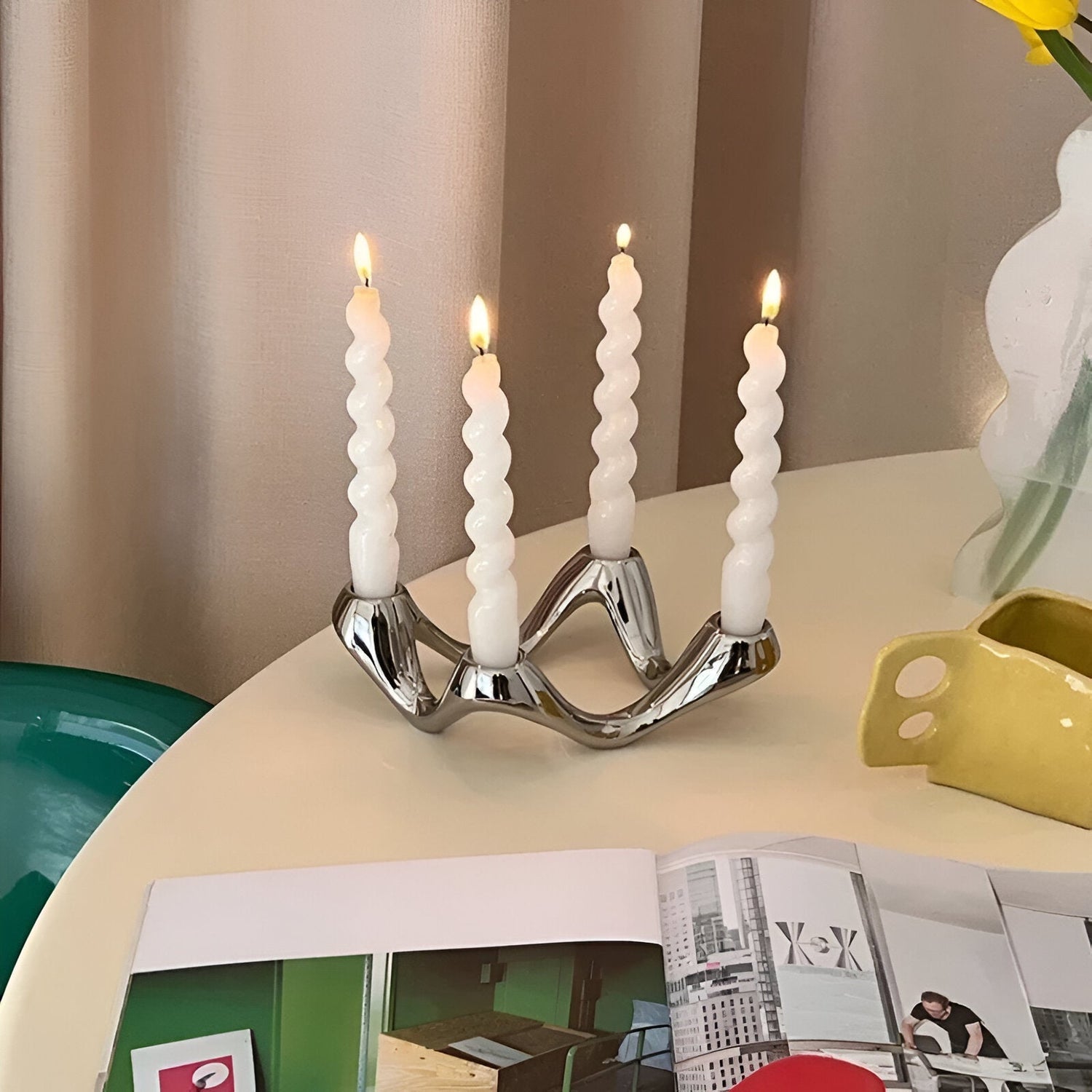 Wavy Design Ceramic Candlestick Decoration Holder Sculpture